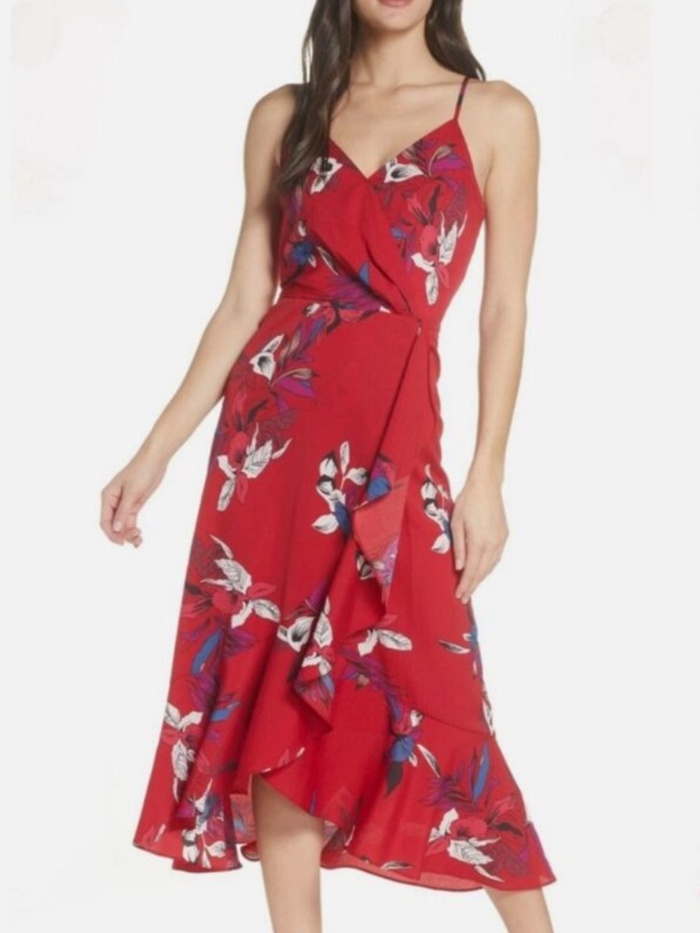 Chelsea28 Red Floral Faux Wrap Midi Dress - Size Small NWOT